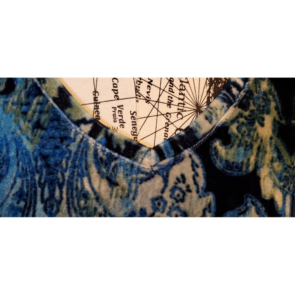 Catherines 2X Plus Velour Blouse Blue Floral Paisley 3/4 Sleeve Stretch Top - Picture 4 of 7